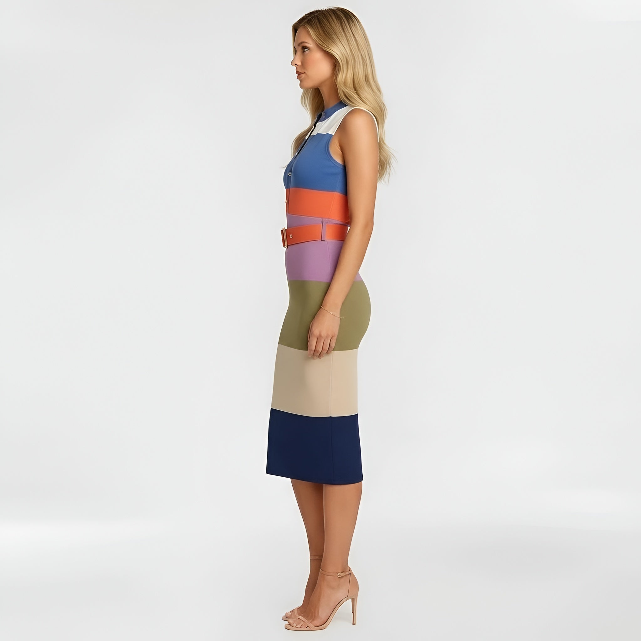 Női midi testhez simuló ujjatlan ruha, elegáns slim fit övvel