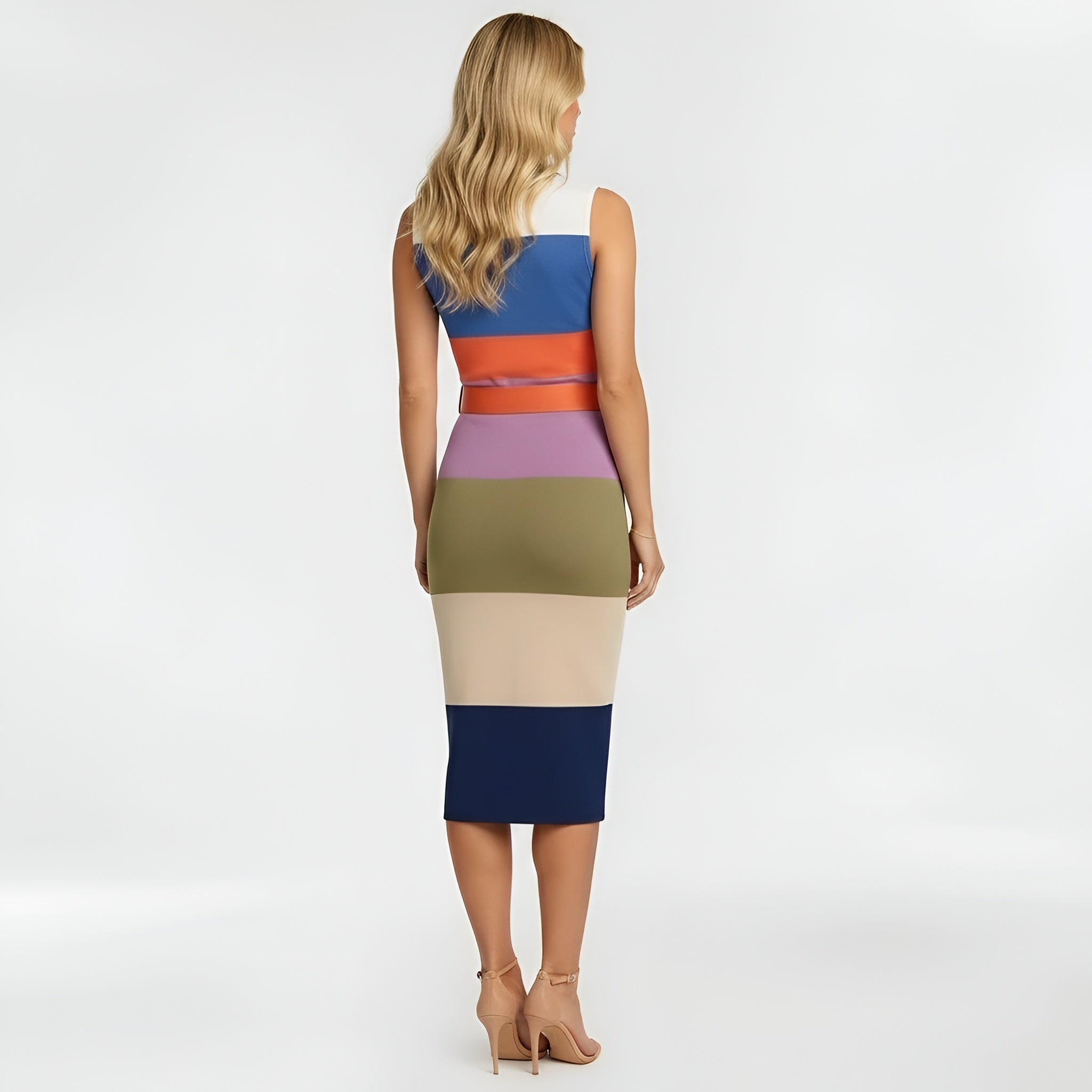 Női midi testhez simuló ujjatlan ruha, elegáns slim fit övvel