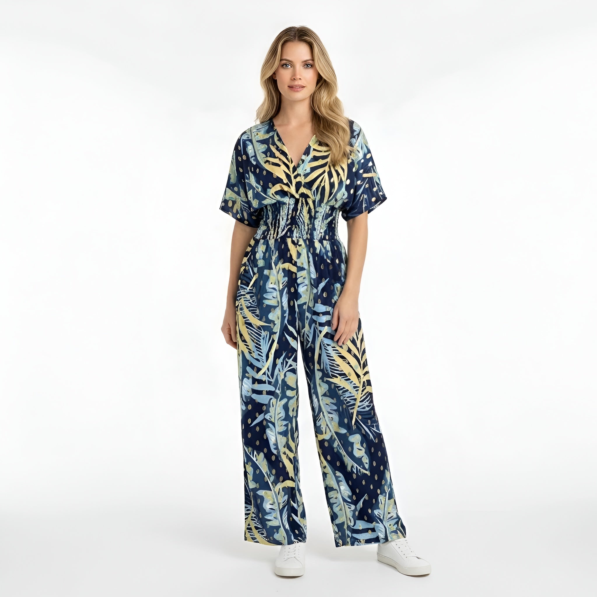 Tuta lunga donna con stampa foglie scollo V manica corta jumpsuit casual estiva