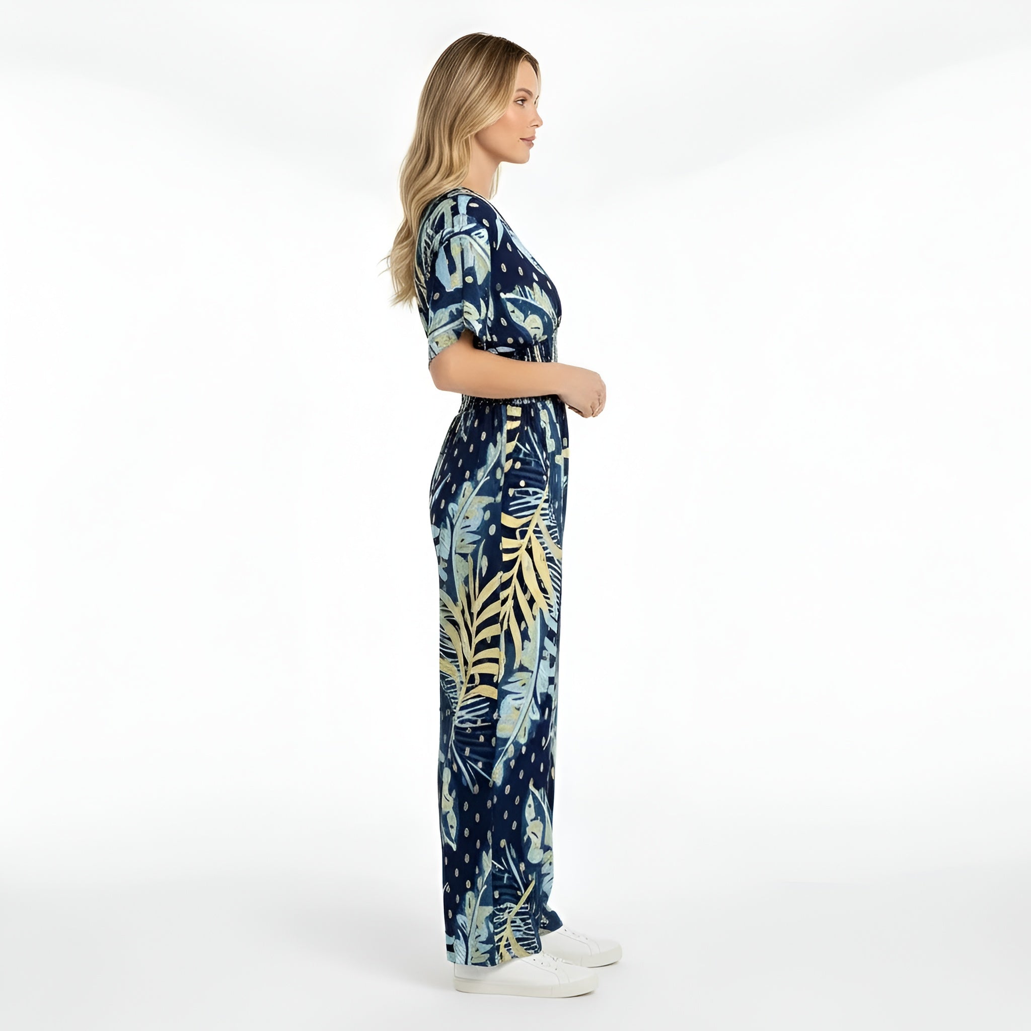Tuta lunga donna con stampa foglie scollo V manica corta jumpsuit casual estiva