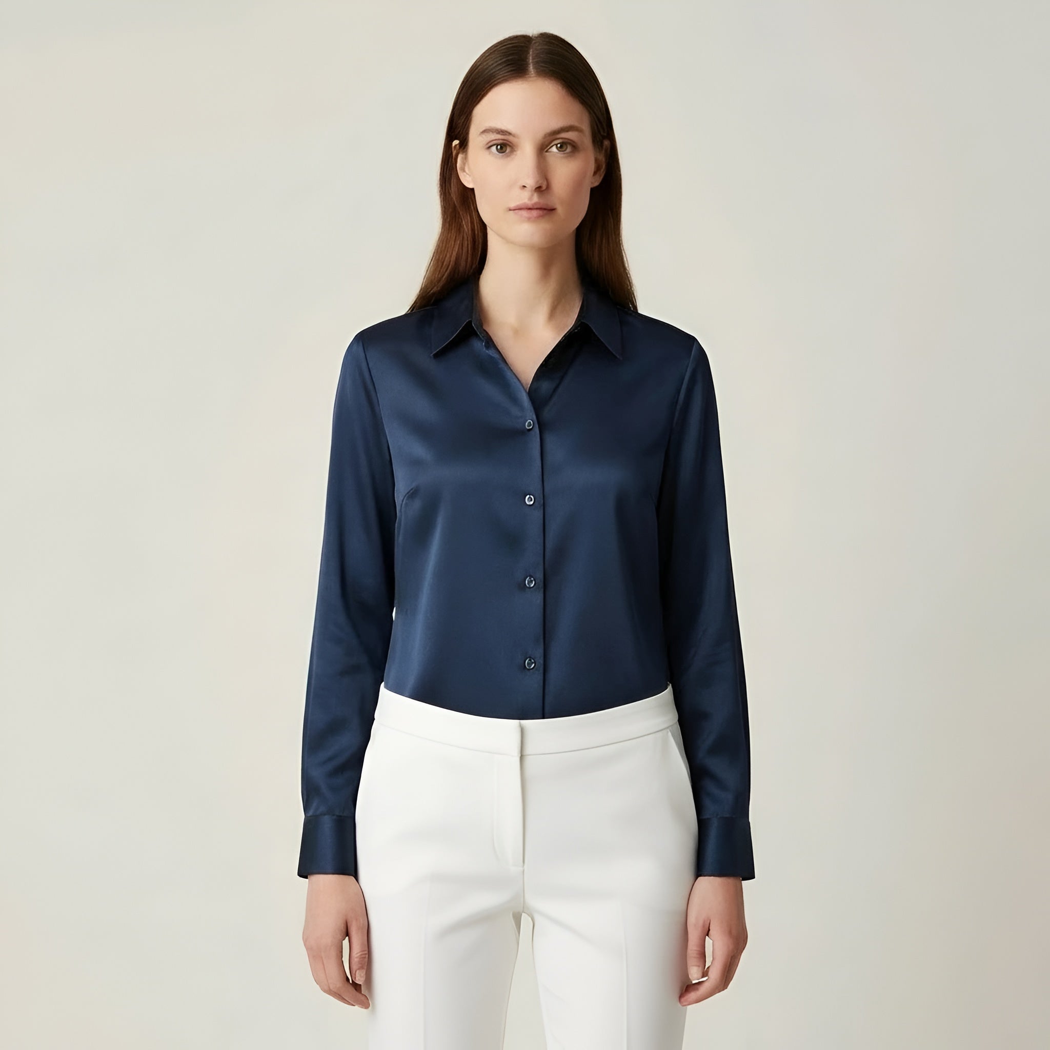 Damebluse i satin med knapper, lange ærmer, elegant kontorbluse til kvinder
