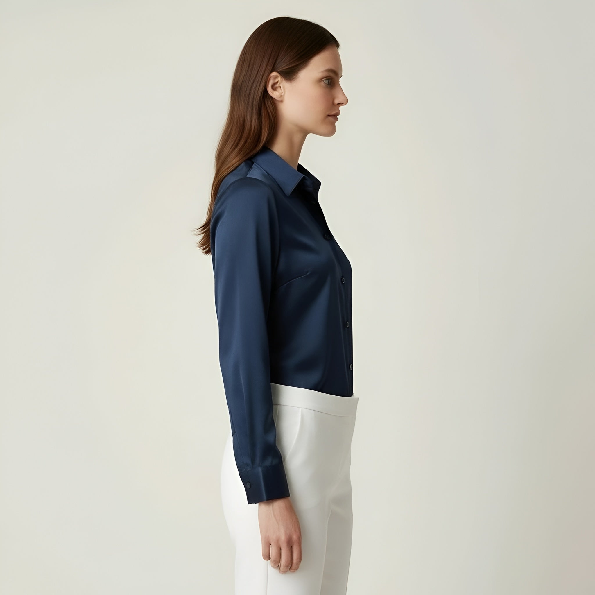 Damebluse i satin med knapper, lange ærmer, elegant kontorbluse til kvinder