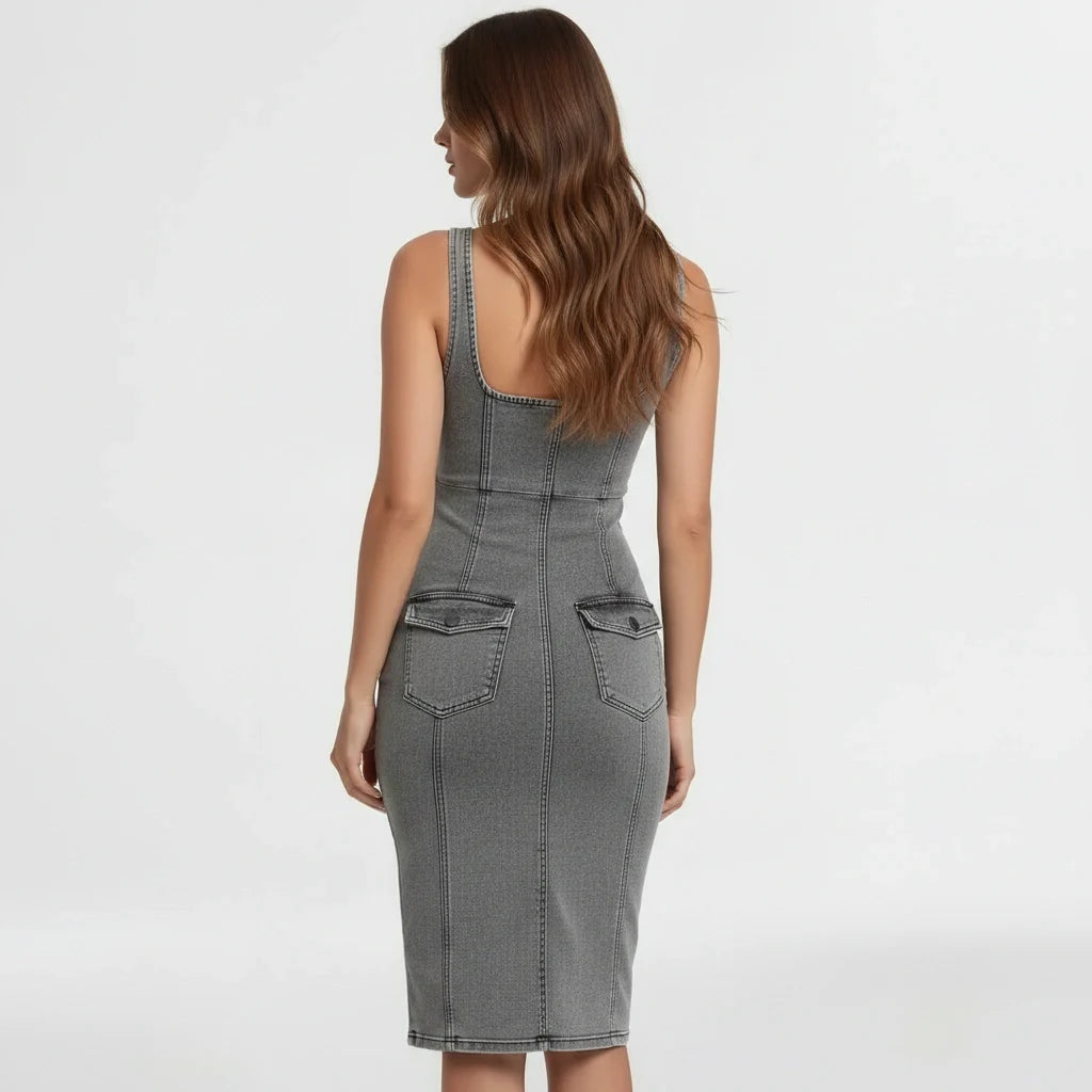 Dámské přiléhavé midi šaty z denimu s rozparkem a předním zipem, styl bodycon