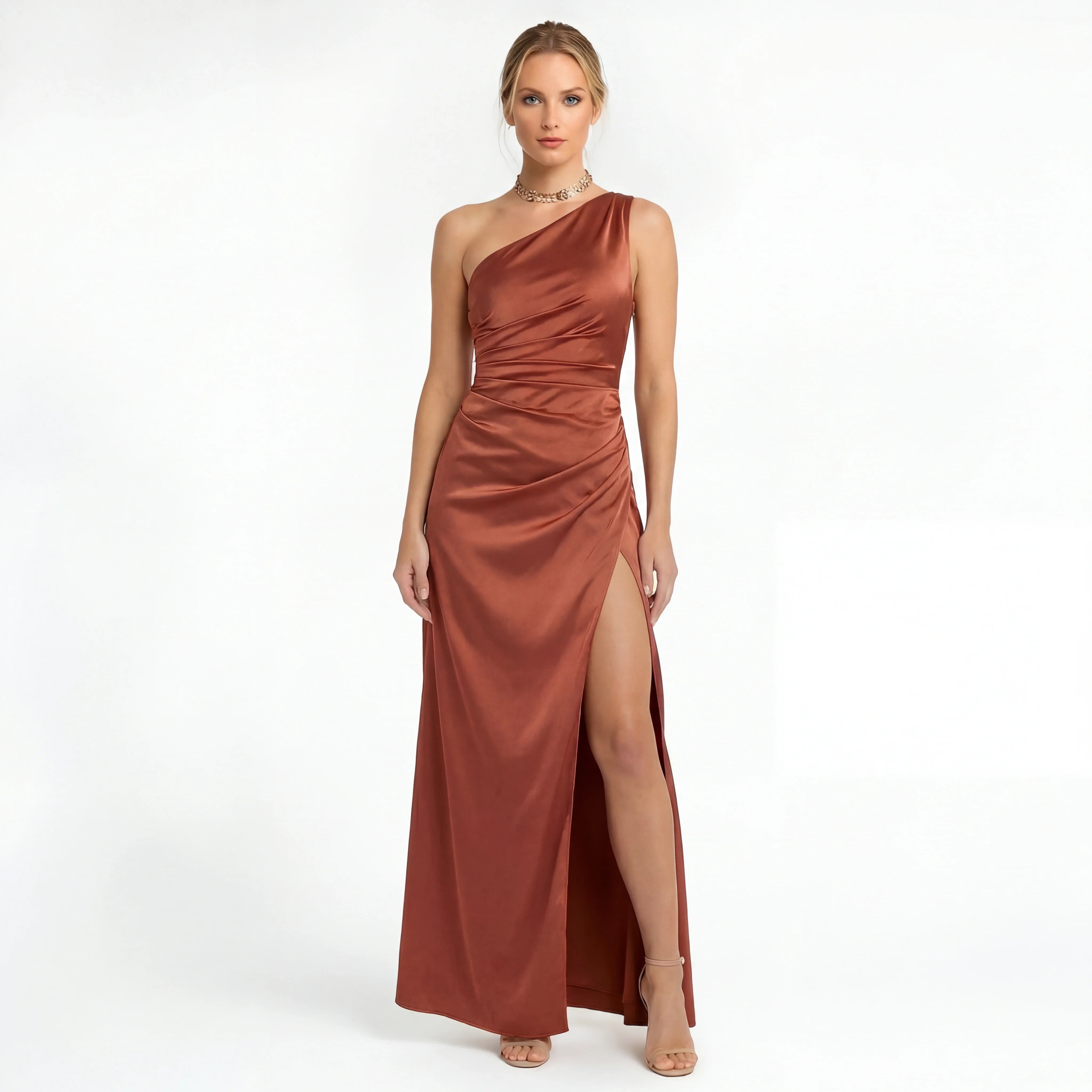 Vestido longo elegante ombro único feminino com fenda alta vestido de noite justo