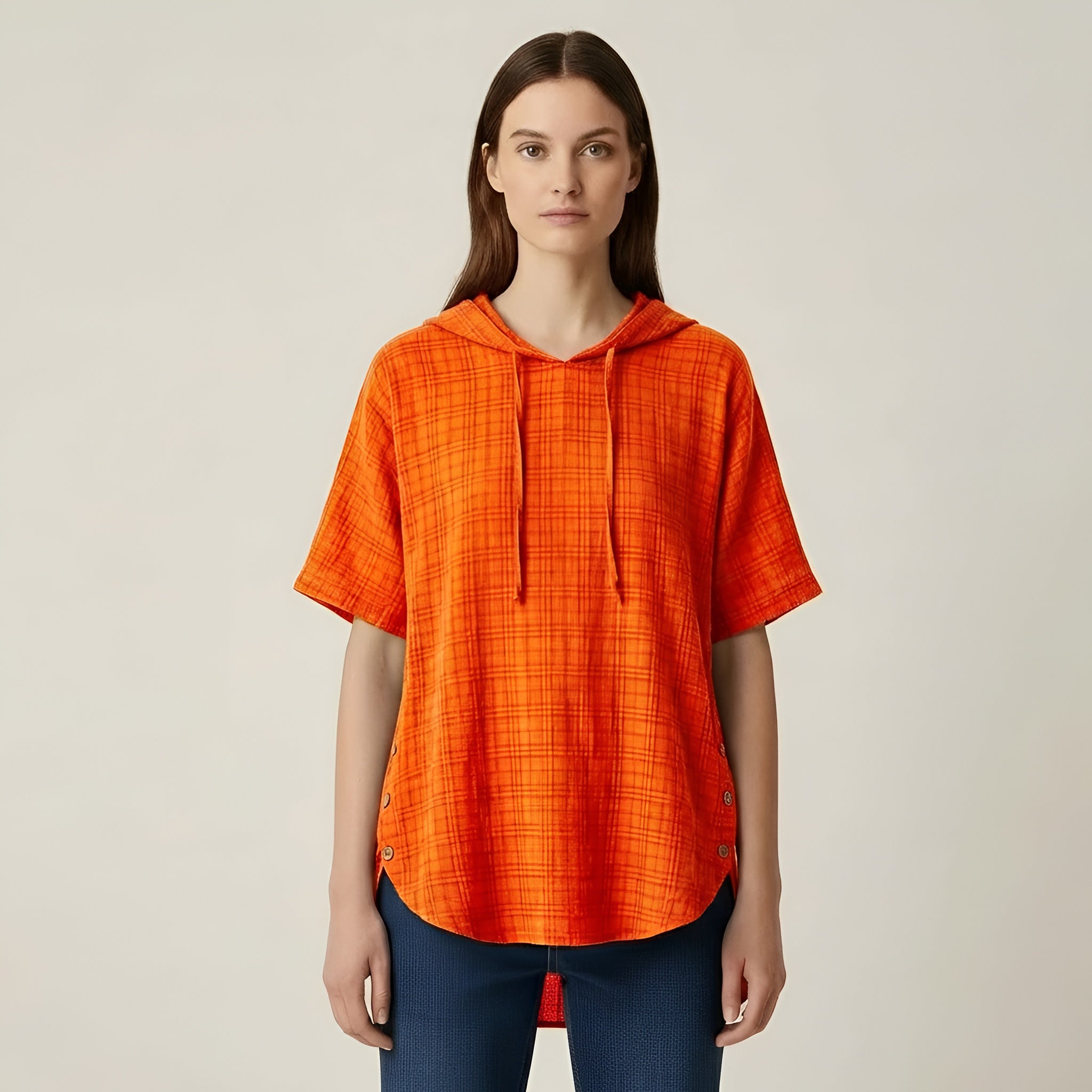Oversize damebluse i bomuld med korte ærmer, løs casual tunika med knapper