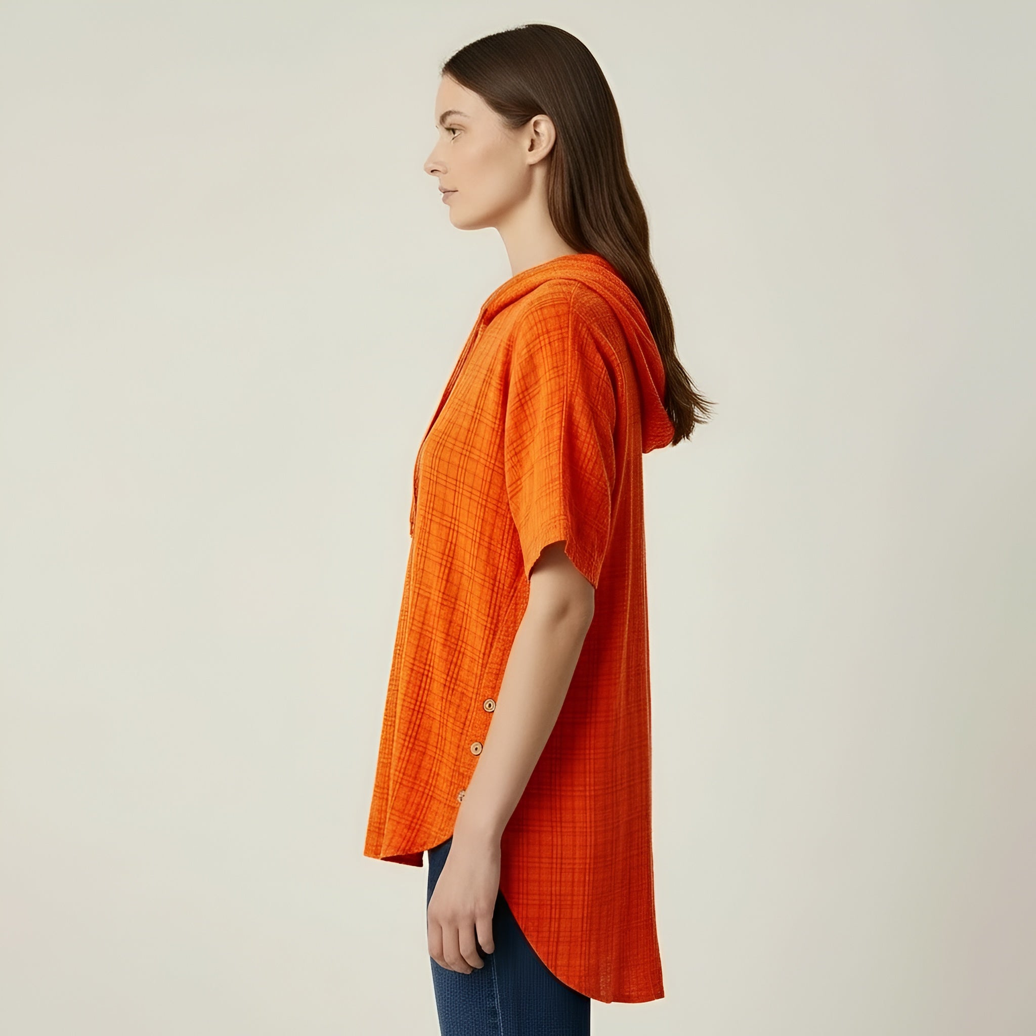 Oversize damebluse i bomuld med korte ærmer, løs casual tunika med knapper