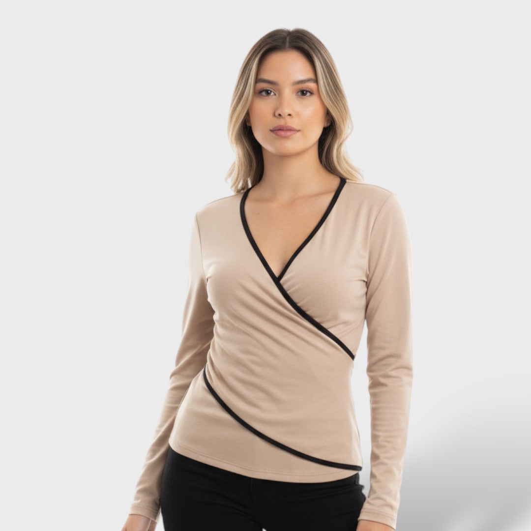 Elegant krydset bluse til kvinder med kontrastkanter