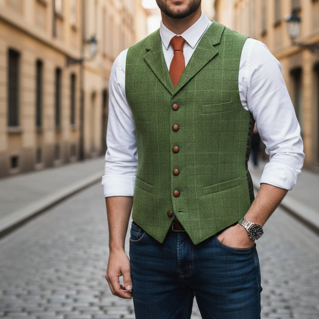 Elegantní pánská jednorejstříková kostkovaná vesta