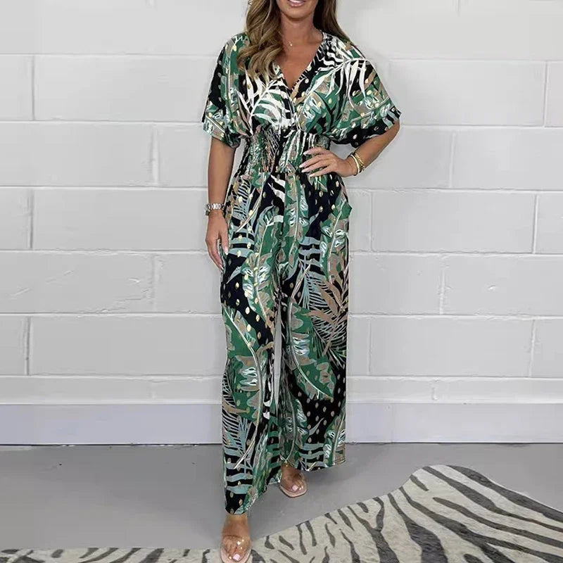 Robe maxi tropicale à col en V et coupe ample