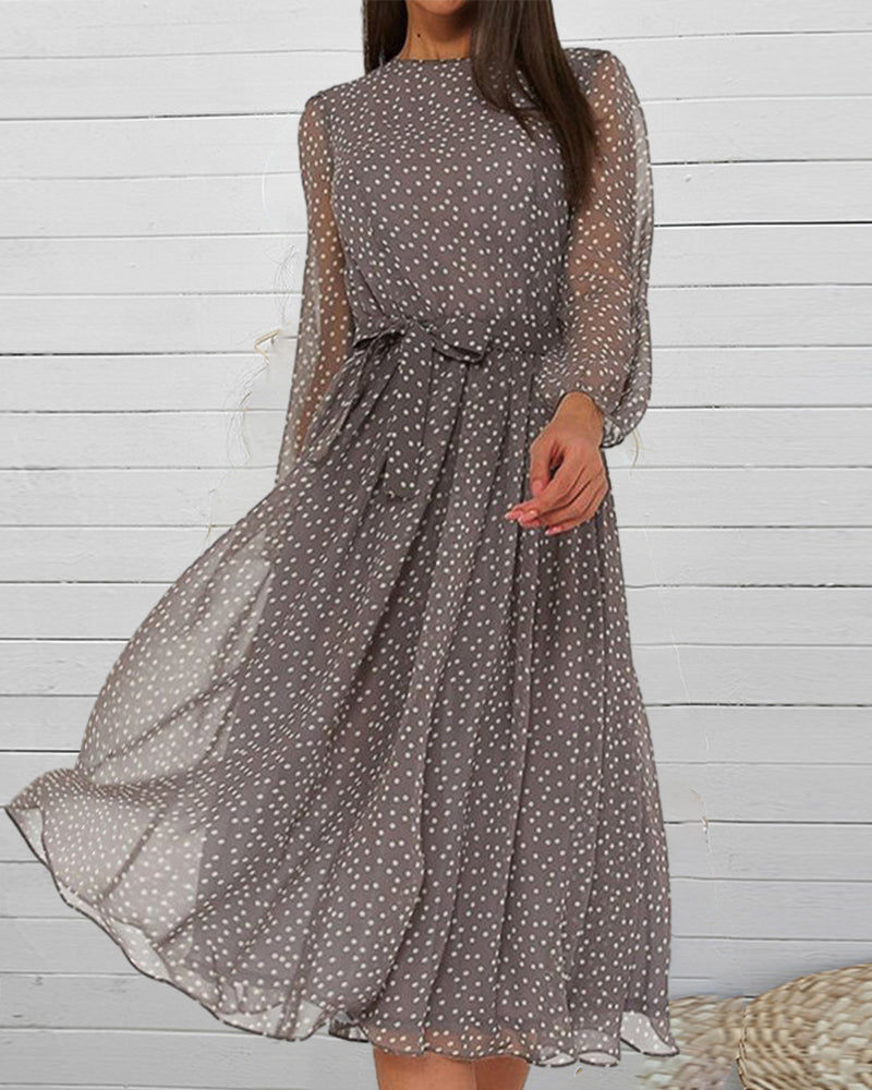 Dámské šaty s puntíky, volné, ke kolenům, áčkový střih, s dlouhými rukávy, elegantní, ležérní