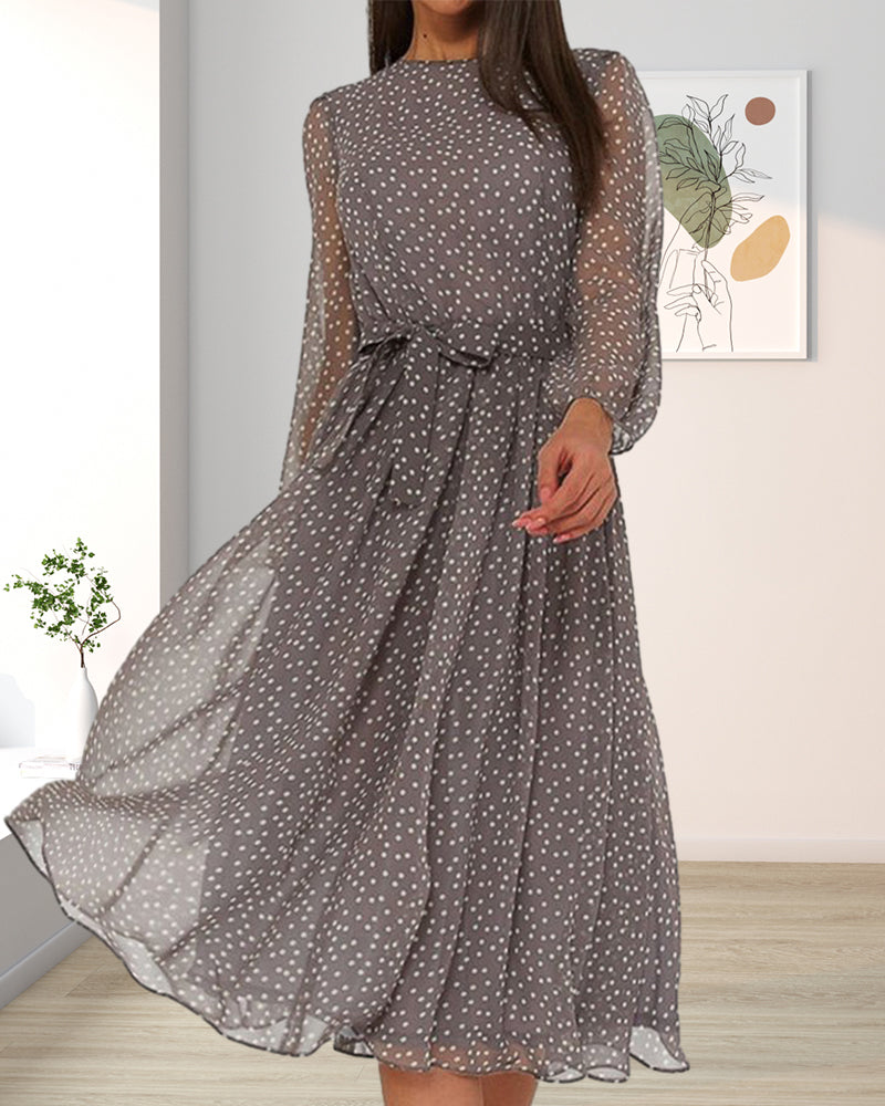 Dámské šaty s puntíky, volné, ke kolenům, áčkový střih, s dlouhými rukávy, elegantní, ležérní