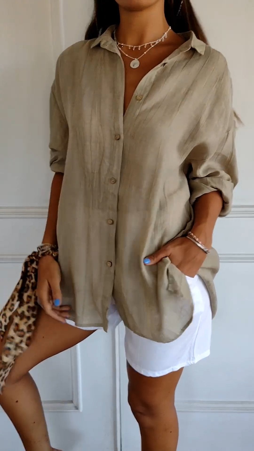 Cămașă damă oversize din in și bumbac cu nasturi – bluză casual de vară cu mâneci rulabile