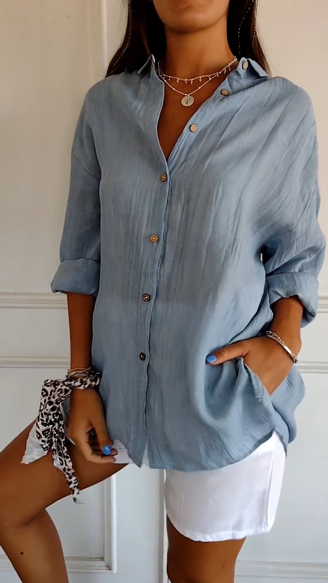 Cămașă damă oversize din in și bumbac cu nasturi – bluză casual de vară cu mâneci rulabile