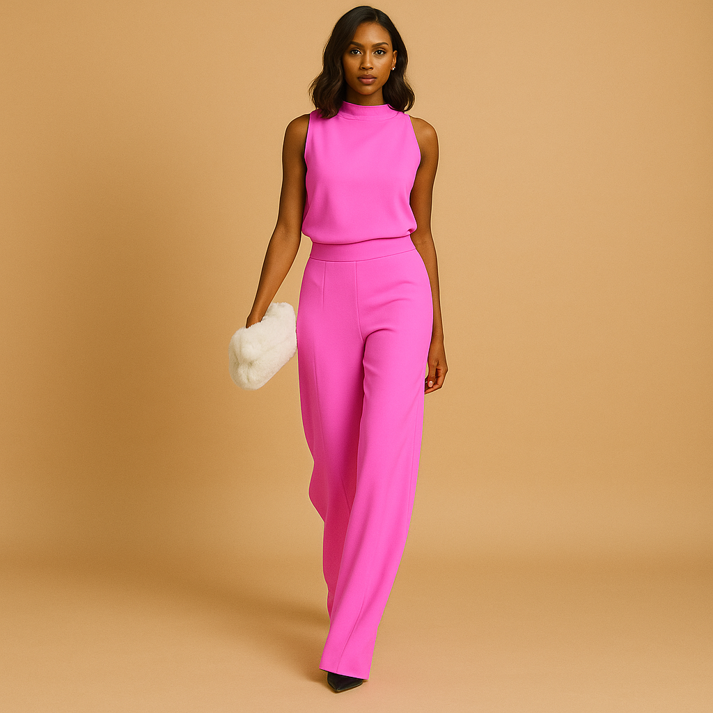Elegáns női ujjatlan overál bő szárú nadrággal