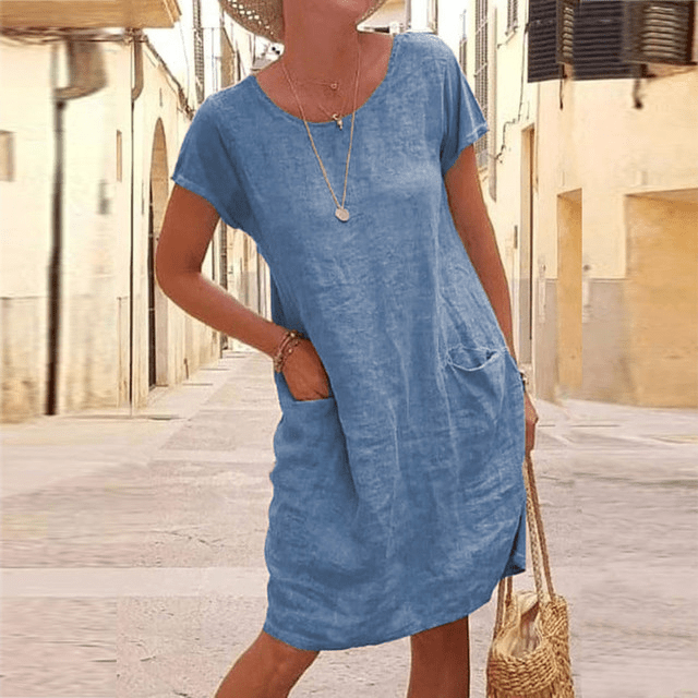 Women's Summer Midi Linen Dress with Short Sleeves and Pockets