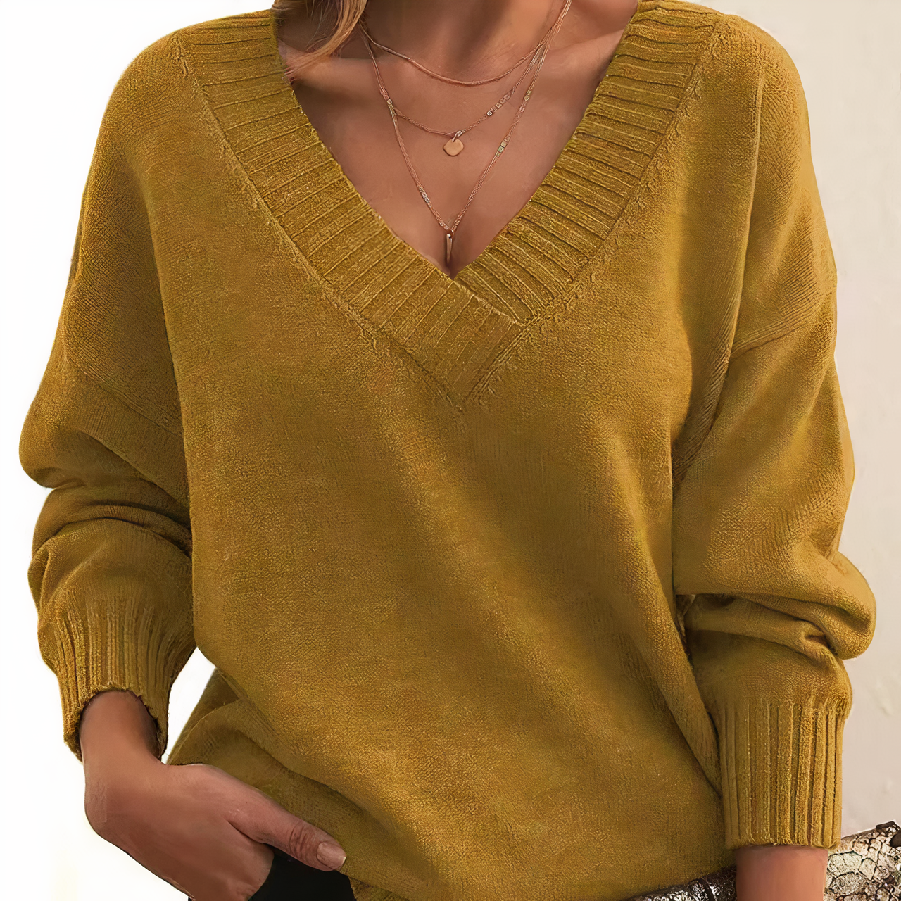 Maglione da Donna Classico con Scollo a V e Vestibilità Ampia | Top Elegante a Maglia con Maniche Lunghe