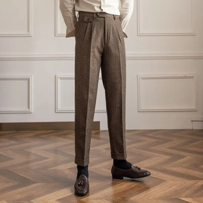 Elegantné pánske nohavice s vysokým pásom, dvojitá záhyb, rovné nohavice