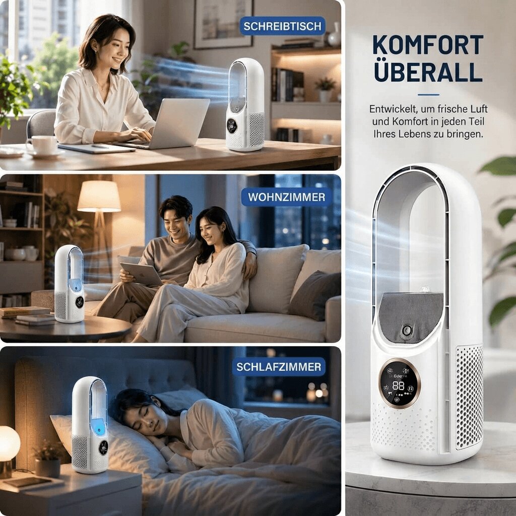 Tichý bezlopatkový věžový ventilátor na stůl