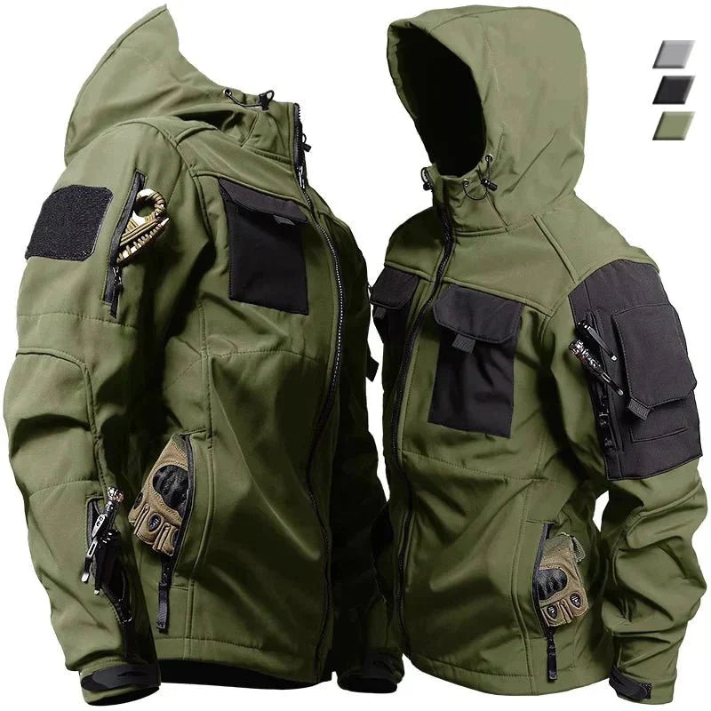 Giacca Softshell Tattica Impermeabile da Uomo con Cappuccio | Giacca da Esterno con Tasche Multiple