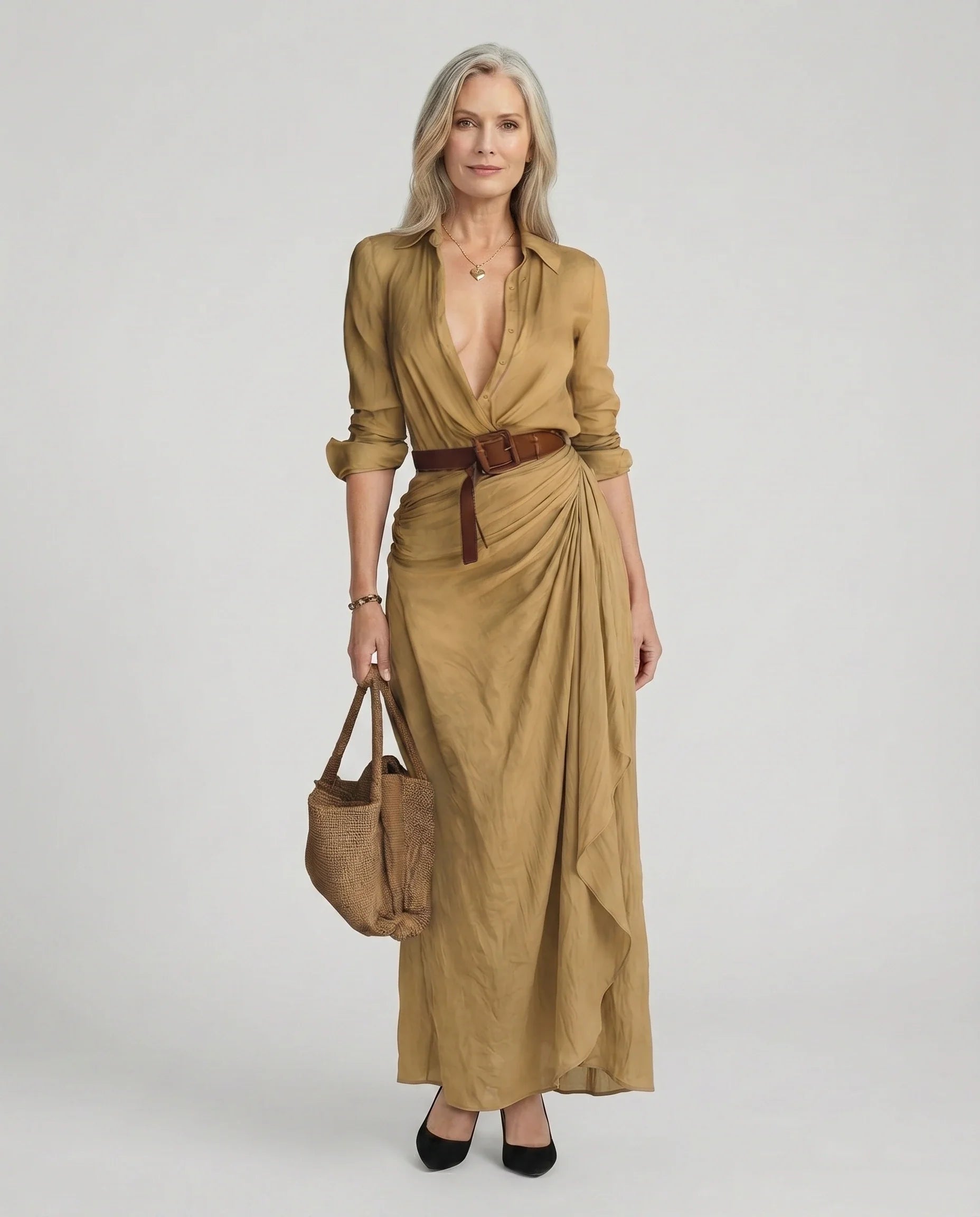 Robe longue chemisier femme avec ceinture à la taille