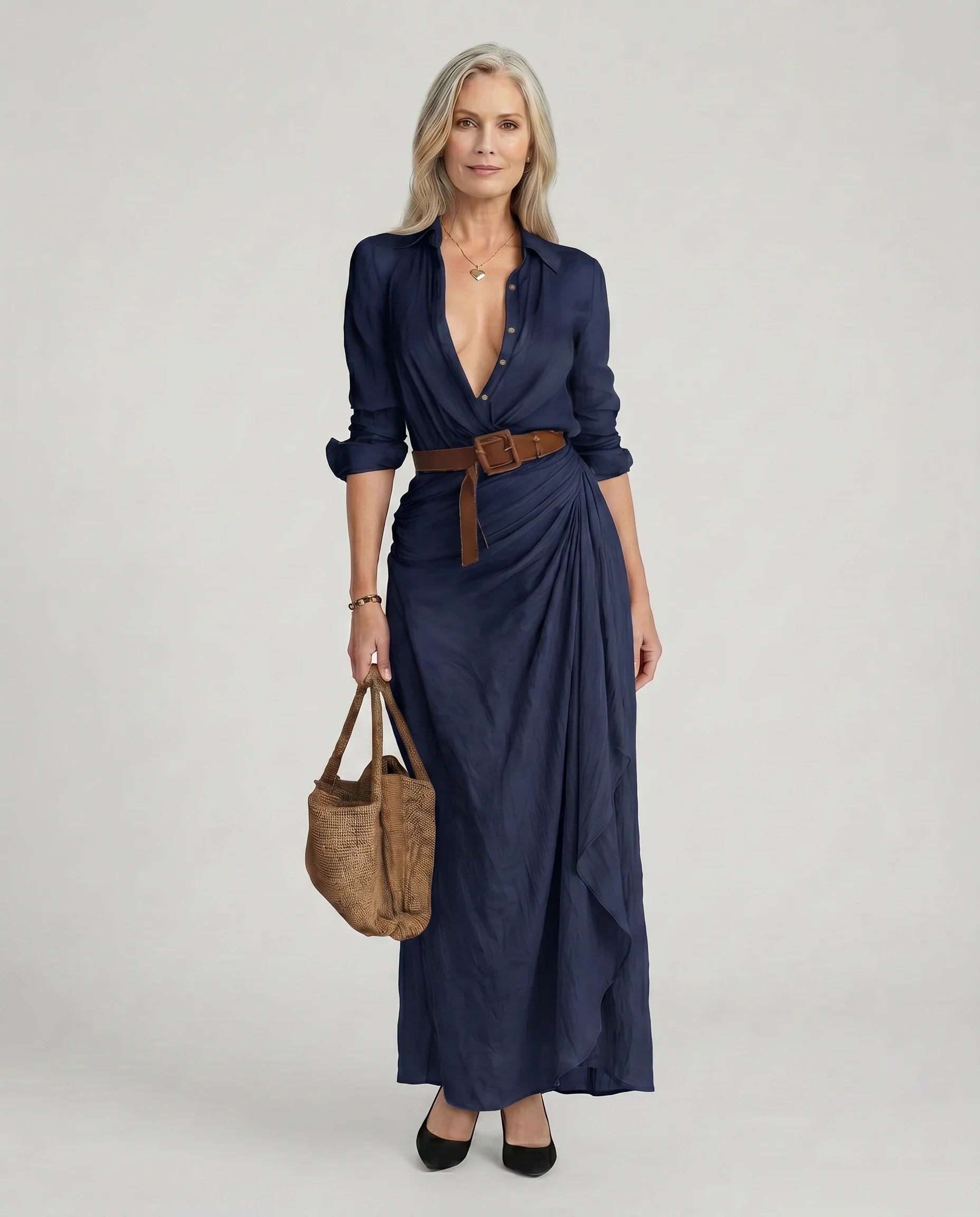 Robe longue chemisier femme avec ceinture à la taille