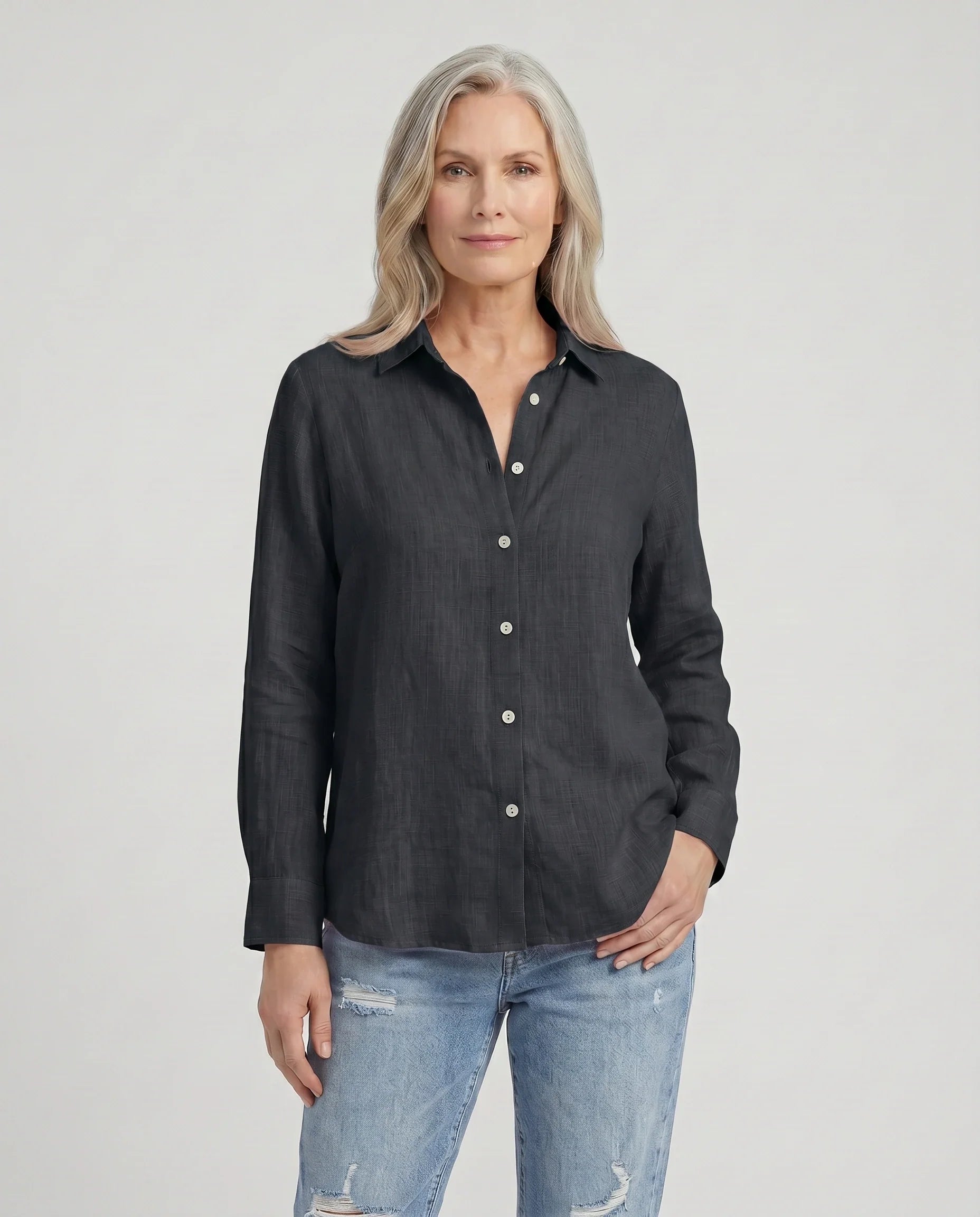 Women's Shirt in Linen and Cotton with Classic Collar