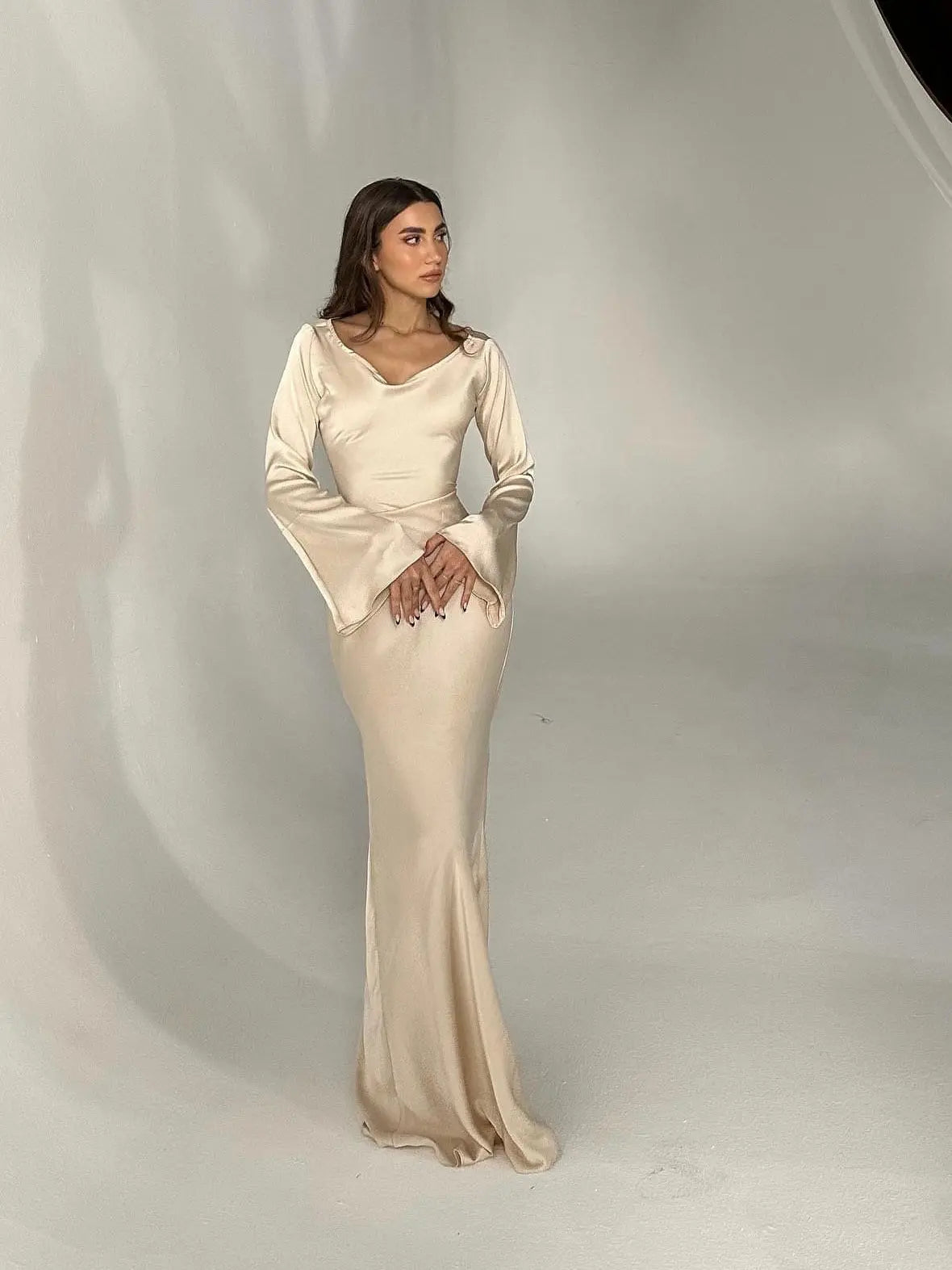 Elegant maxi dress with long sleeves and tailored fit for women