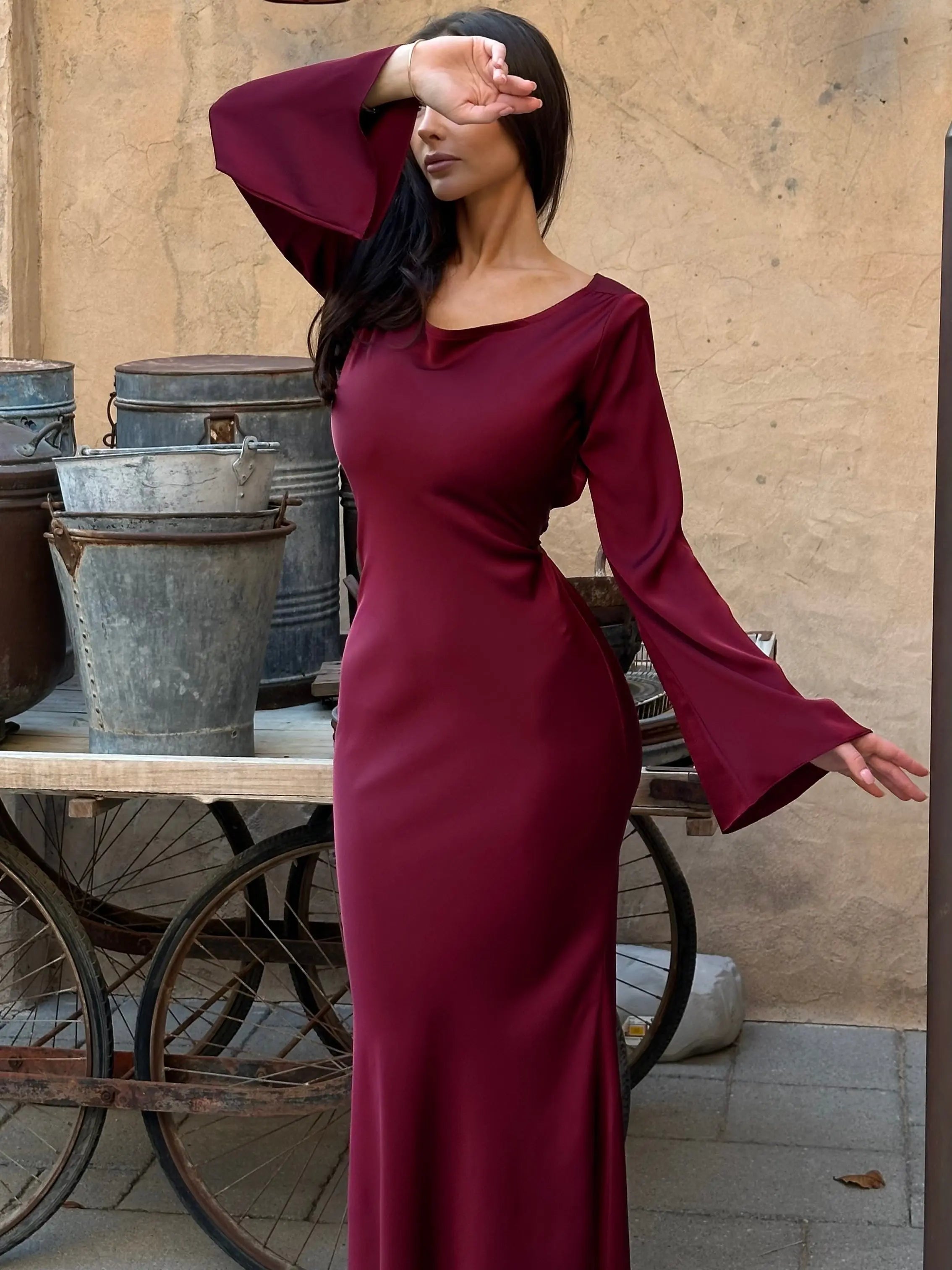 Elegant maxi dress with long sleeves and tailored fit for women