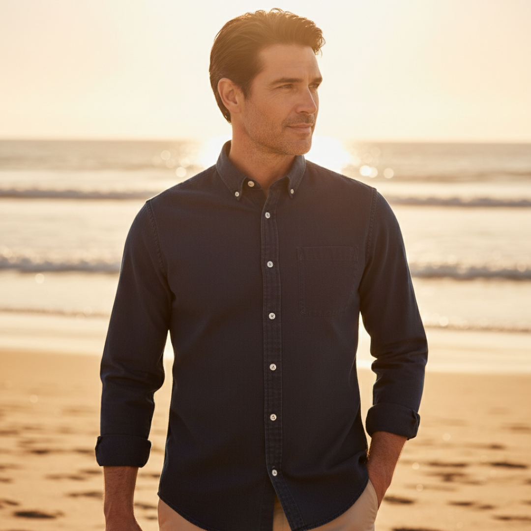 Chemise en lin homme à manches longues avec col boutonné