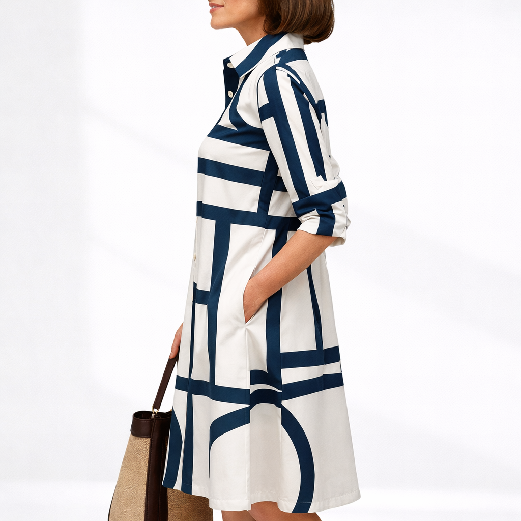 Abito Chemisier Midi da Donna con Stampa Geometrica