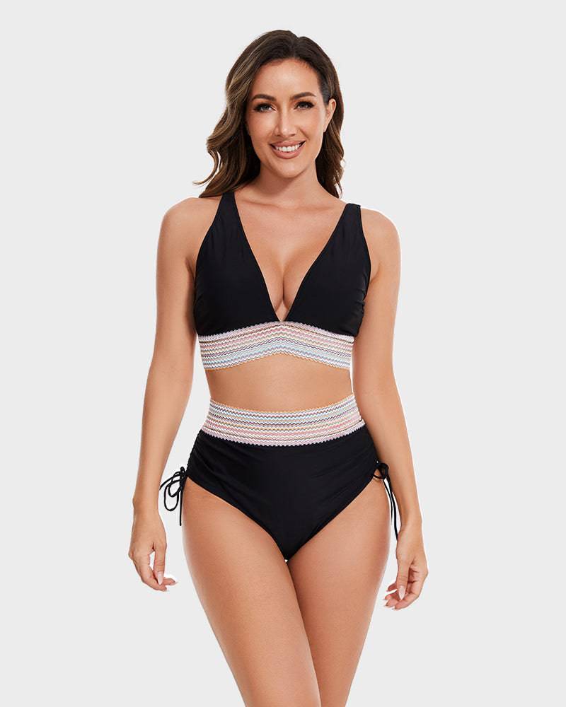 High-waisted shaping bikini with colorblock pattern – support, comfort, and trendy style