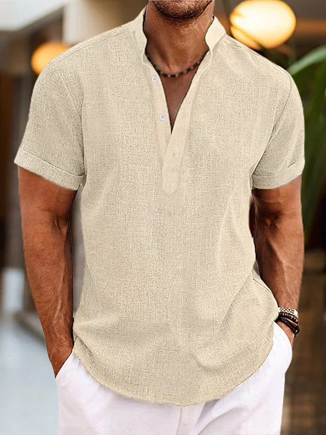 Chemise en lin pour homme Silas – Chemise d'été respirante avec col Henley et manches courtes
