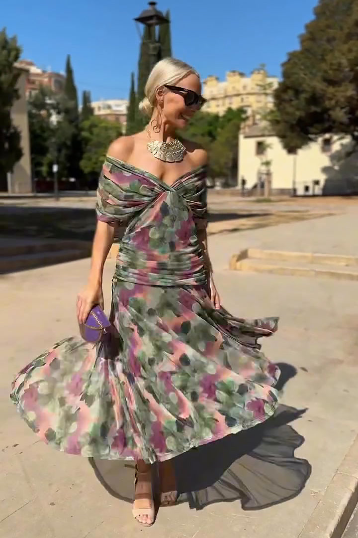 Vestido Longo Elegante Feminino com Decote Bardot e Saia Fluida