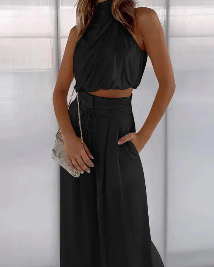 Set 2 Pezzi Donna: Top Halter Senza Maniche e Pantaloni a Gamba Larga