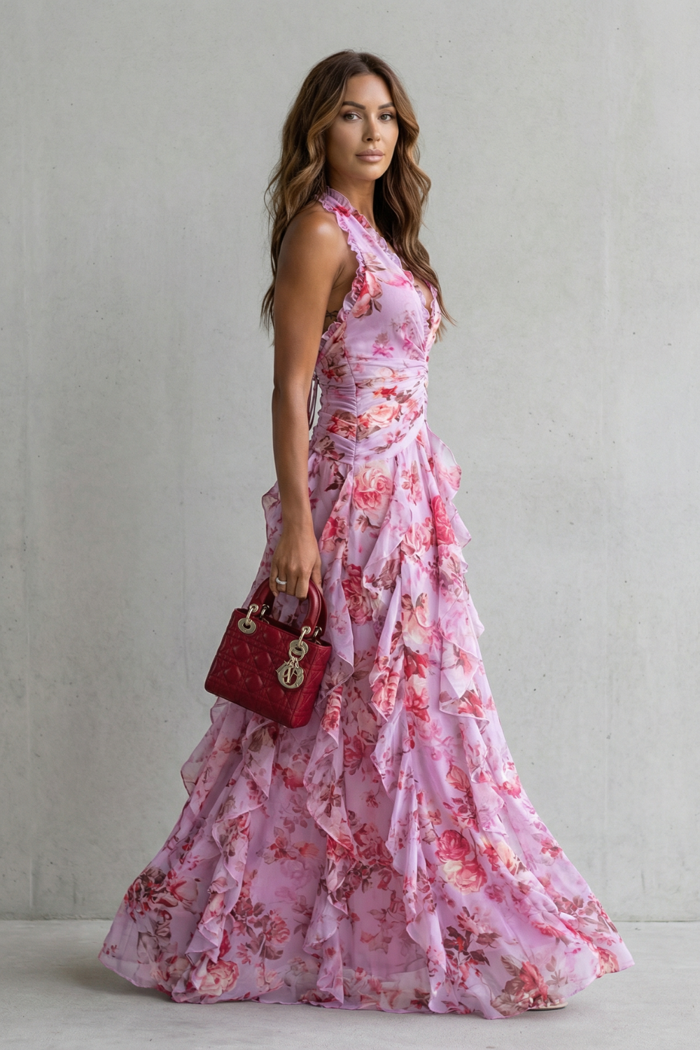 Abito Lungo Floreale da Donna con Scollo Halter e Gonna a Balze