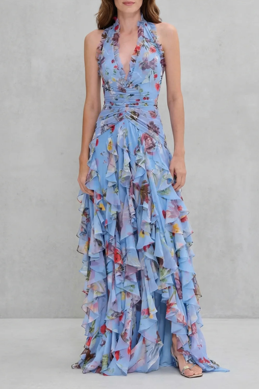 Abito Lungo Floreale da Donna con Scollo Halter e Gonna a Balze
