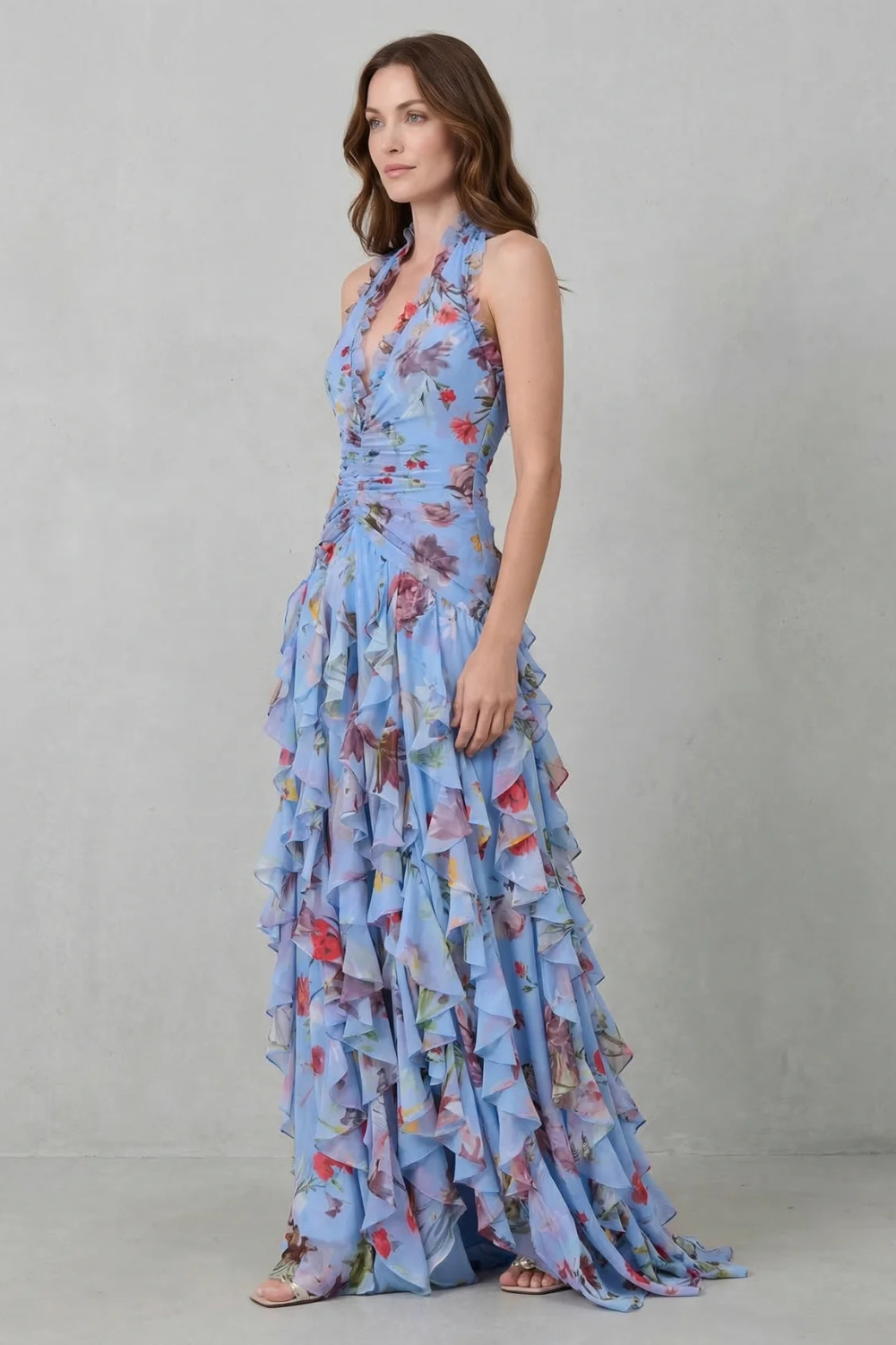 Abito Lungo Floreale da Donna con Scollo Halter e Gonna a Balze
