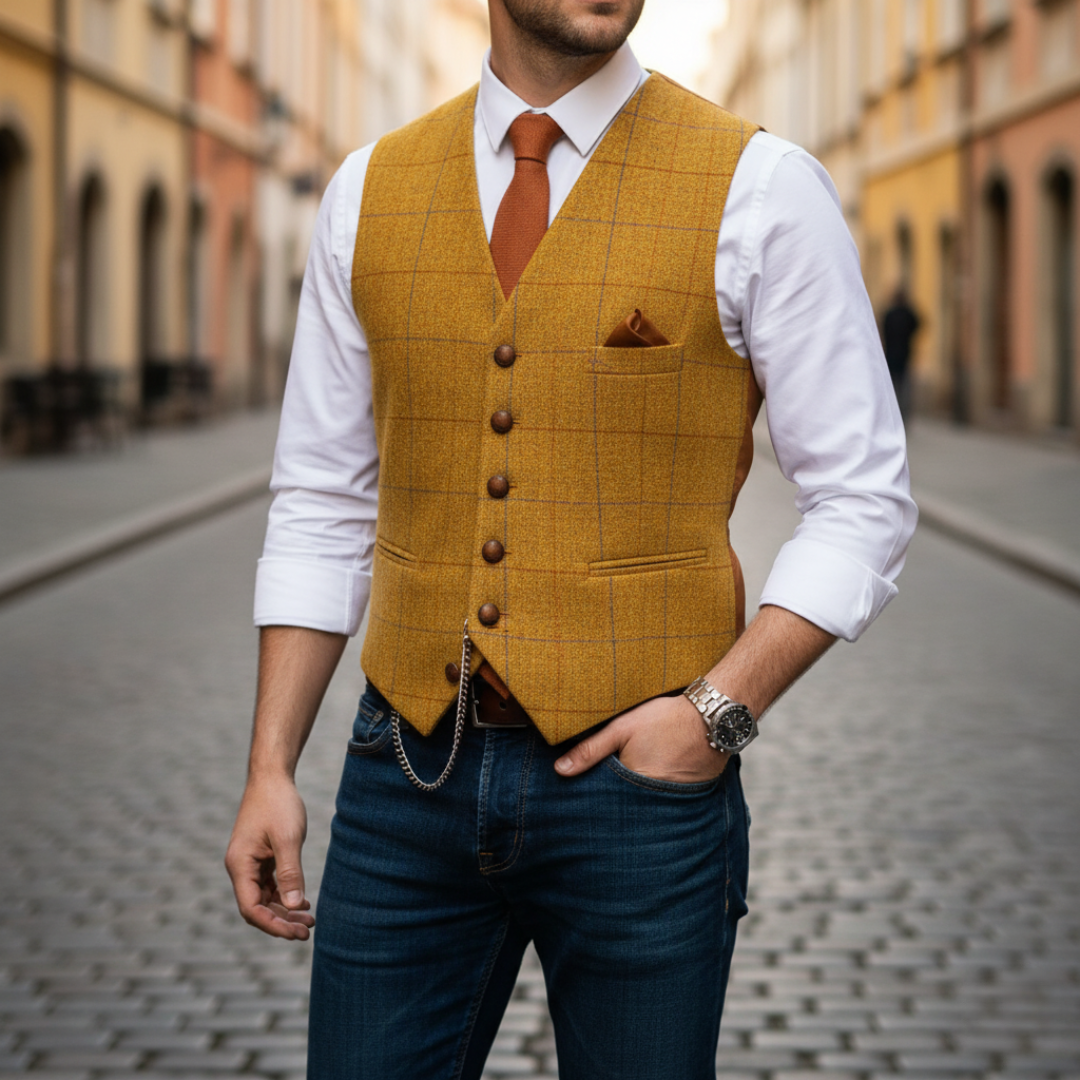 Elegantní pánská jednorejstříková kostkovaná vesta