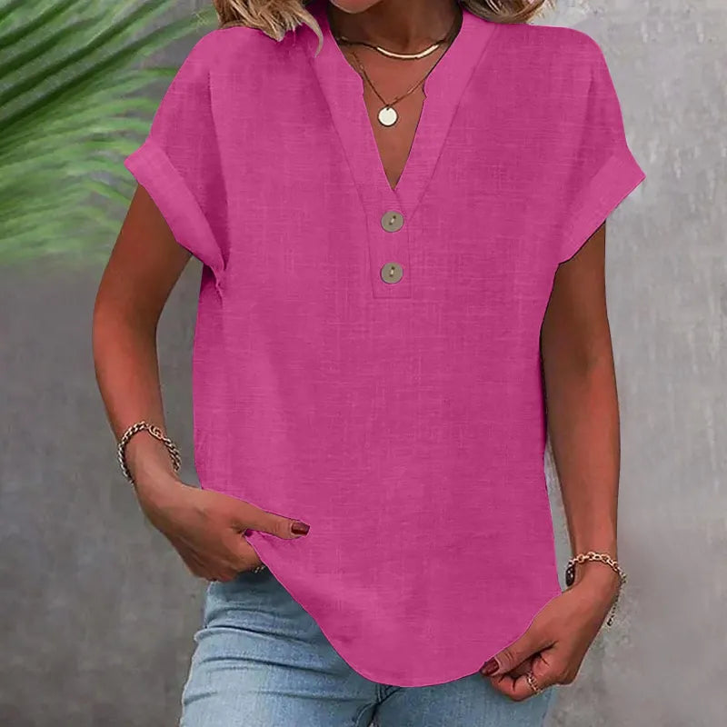 Loose Summer Blouse with V-Neck and Buttons – Short Sleeve and Timeless