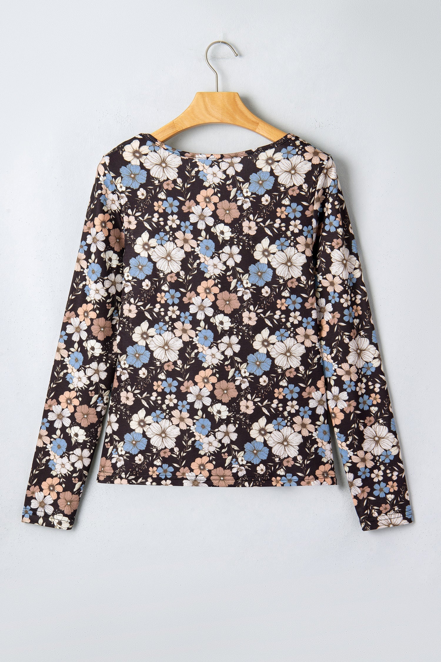 T-shirt Slim a Maniche Lunghe con Stampa Floreale Nera