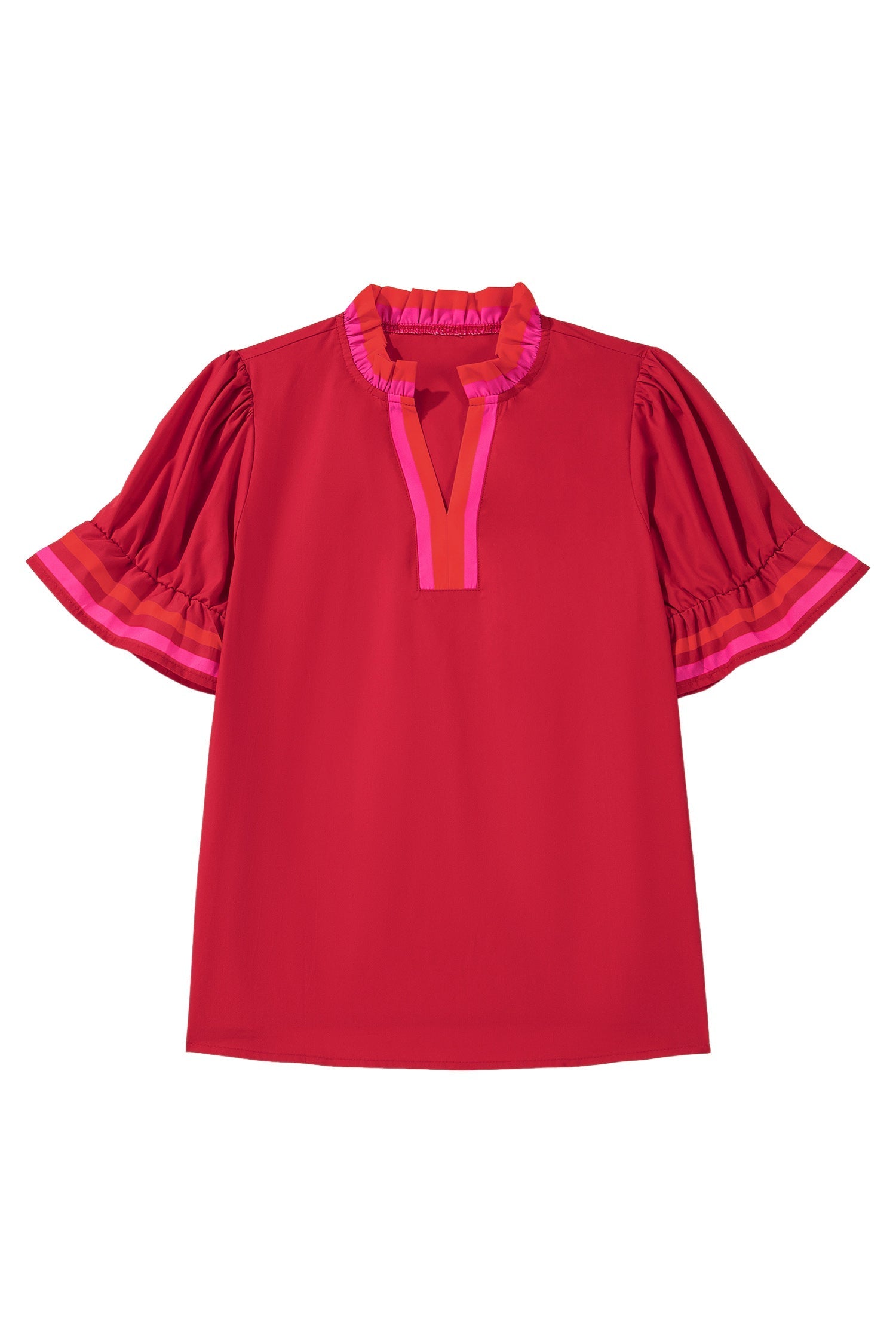 Blusa a righe rosso fuoco con colletto a volant e maniche corte arricciate