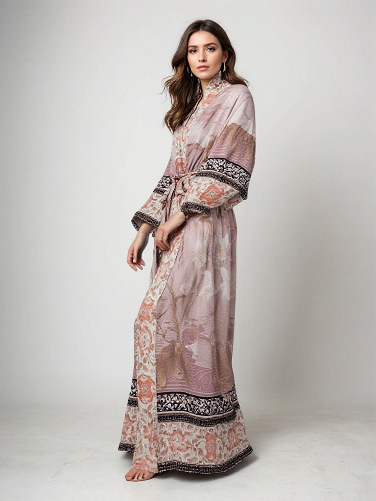 Abito Lungo Boho da Donna con Stampa Etnica e Maniche Lunghe
