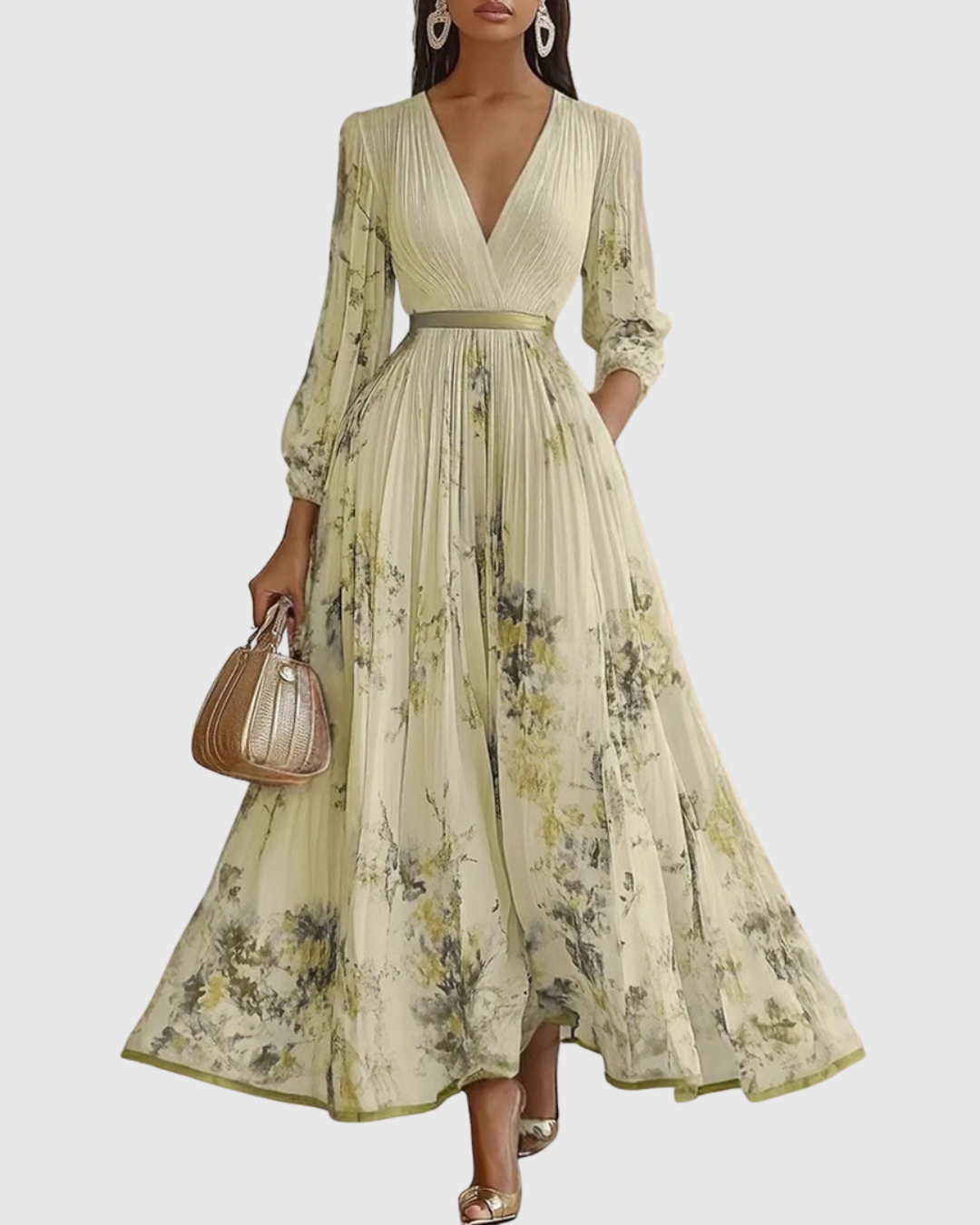 Robe maxi plissée pour femme avec manches longues – col en V floral et coupe évasée