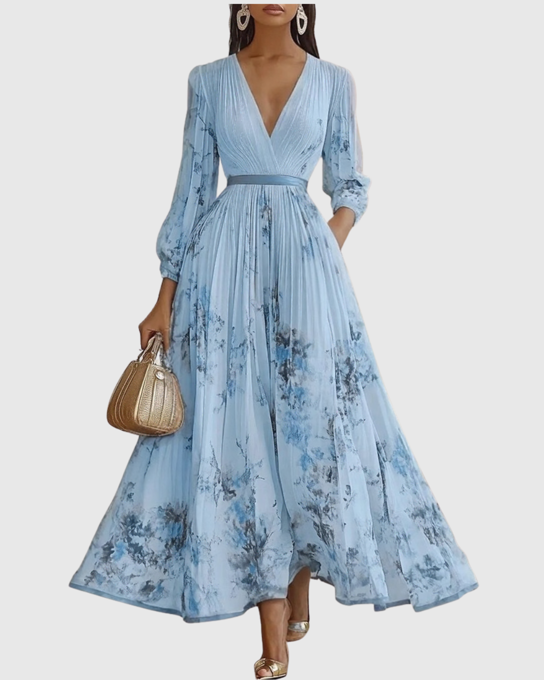 Robe maxi plissée pour femme avec manches longues – col en V floral et coupe évasée