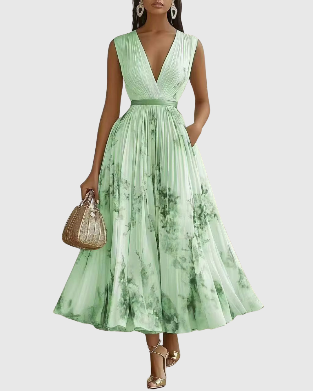 Robe maxi plissée pour femme avec manches longues – col en V floral et coupe évasée