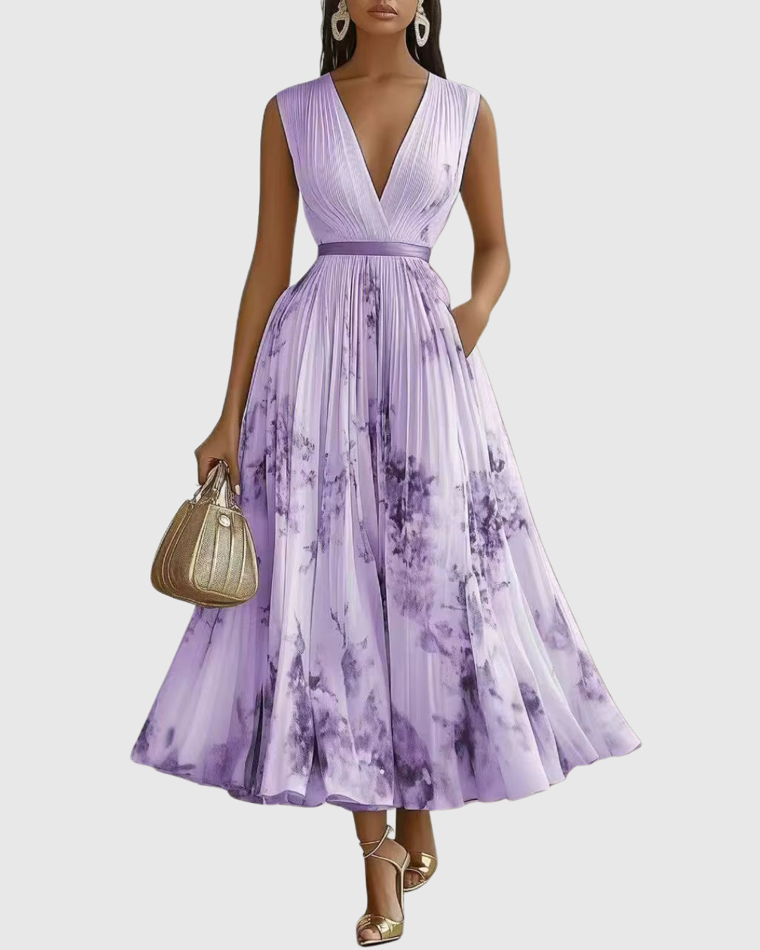 Robe maxi plissée pour femme avec manches longues – col en V floral et coupe évasée