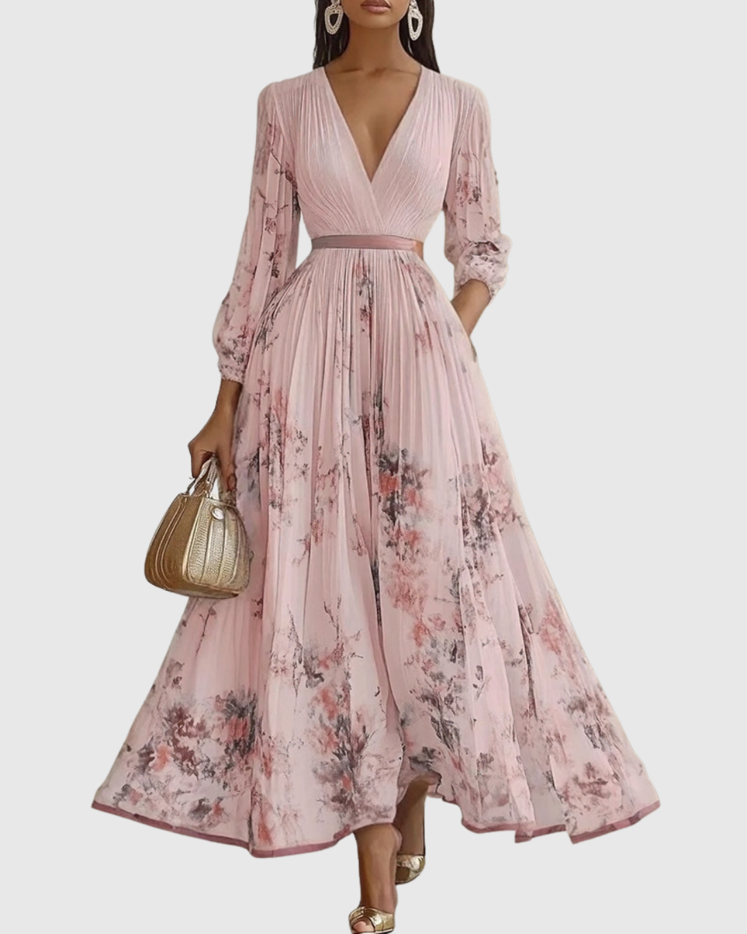 Robe maxi plissée pour femme avec manches longues – col en V floral et coupe évasée