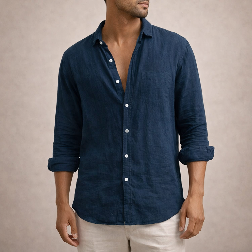 Camisa de Homem em Linho Corte Regular com Botões