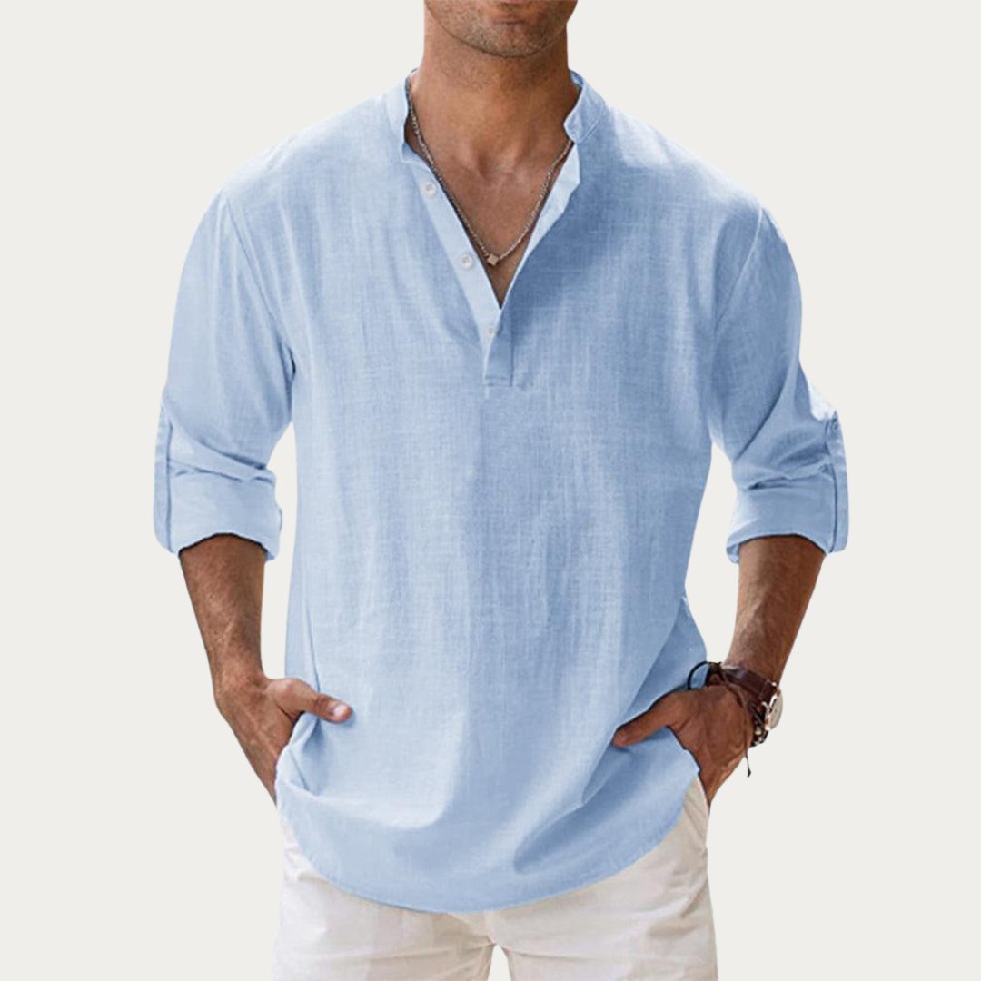 Chemise décontractée pour homme en lin et coton avec col mao