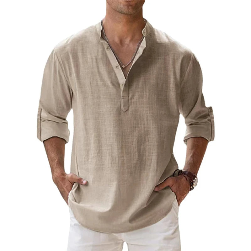 Camicia Henley in Lino da Uomo Vestibilità Comoda Top Estivo con Bottoni